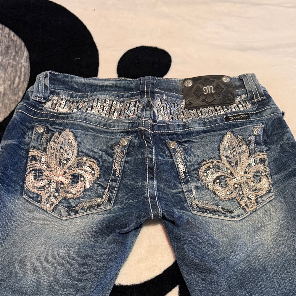 Miss Me Blue Boot Cut Jeans with Sequin Fleur-de-Lis